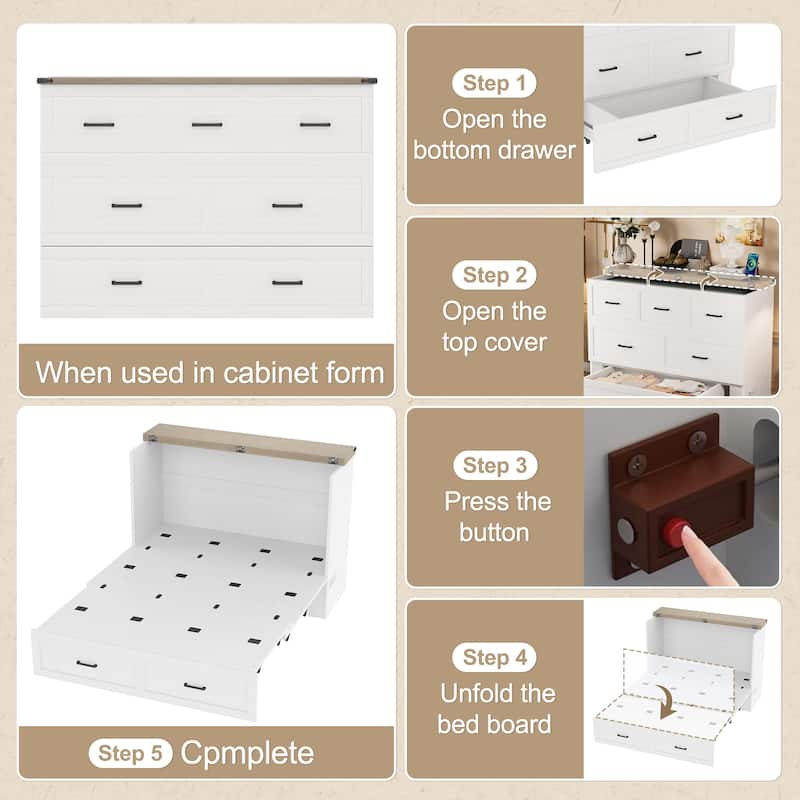 Foldable Murphy Bed Cabinet Full/Queen with USB & Type-C Ports and Storage Drawer for Guest Room