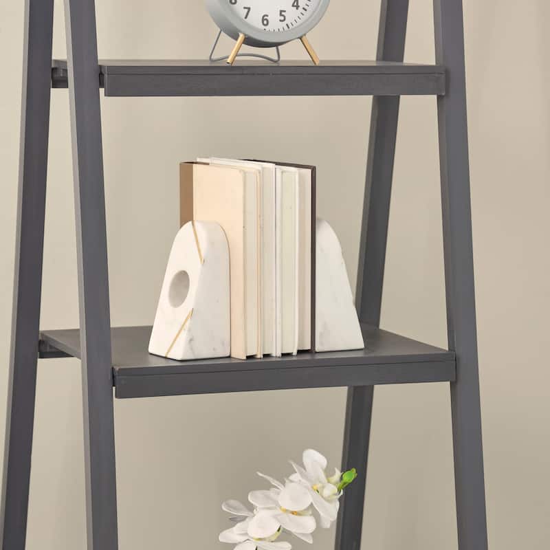White Marble Curved Pyramid Geometric Decorative Bookends with Diagonal Gold Stripes (Set of 2) - White
