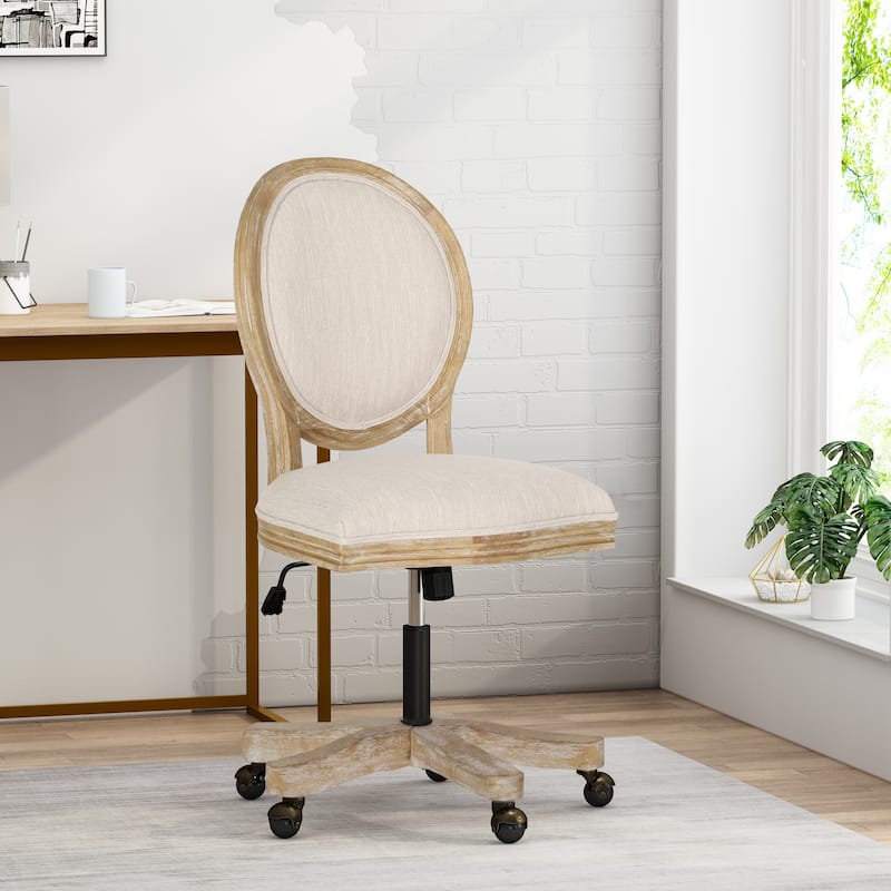 Roomfitters Upholstered Office Desk Chair with Adjustable Height, Swivel Wheels and Wood Frame, Beige Natural