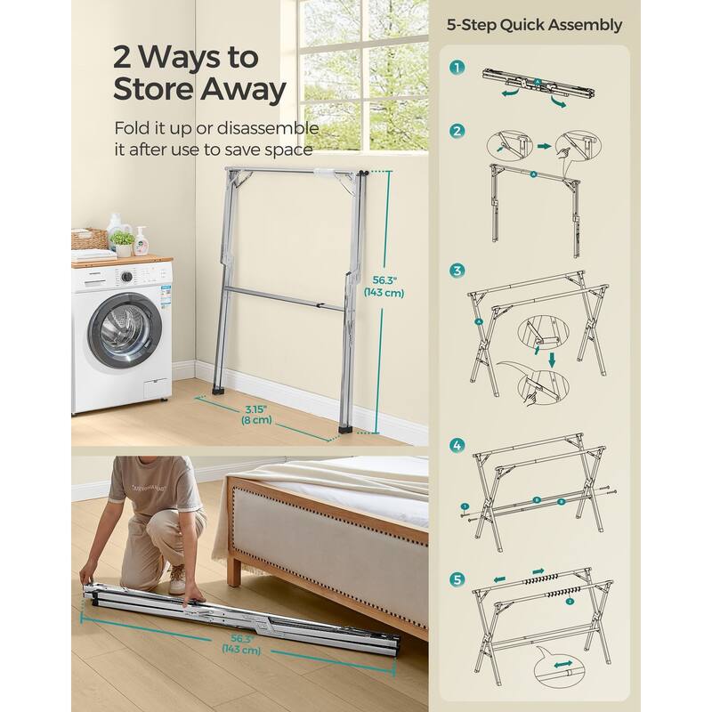 Dove Grey Stainless Steel Extendable and Foldable Clothes Drying Rack Ideal for Both Indoor and Outdoor Use