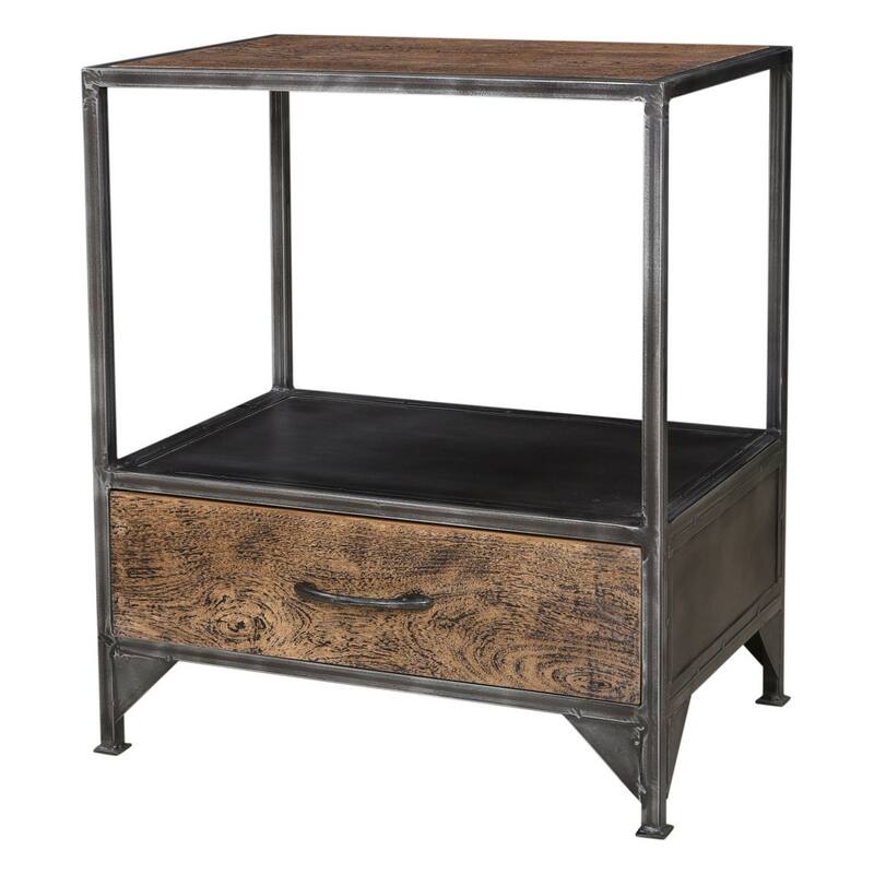 HomeRoots 28" Brown And Dark Gray Steel and Solid Wood Distressed One Drawer Nightstand