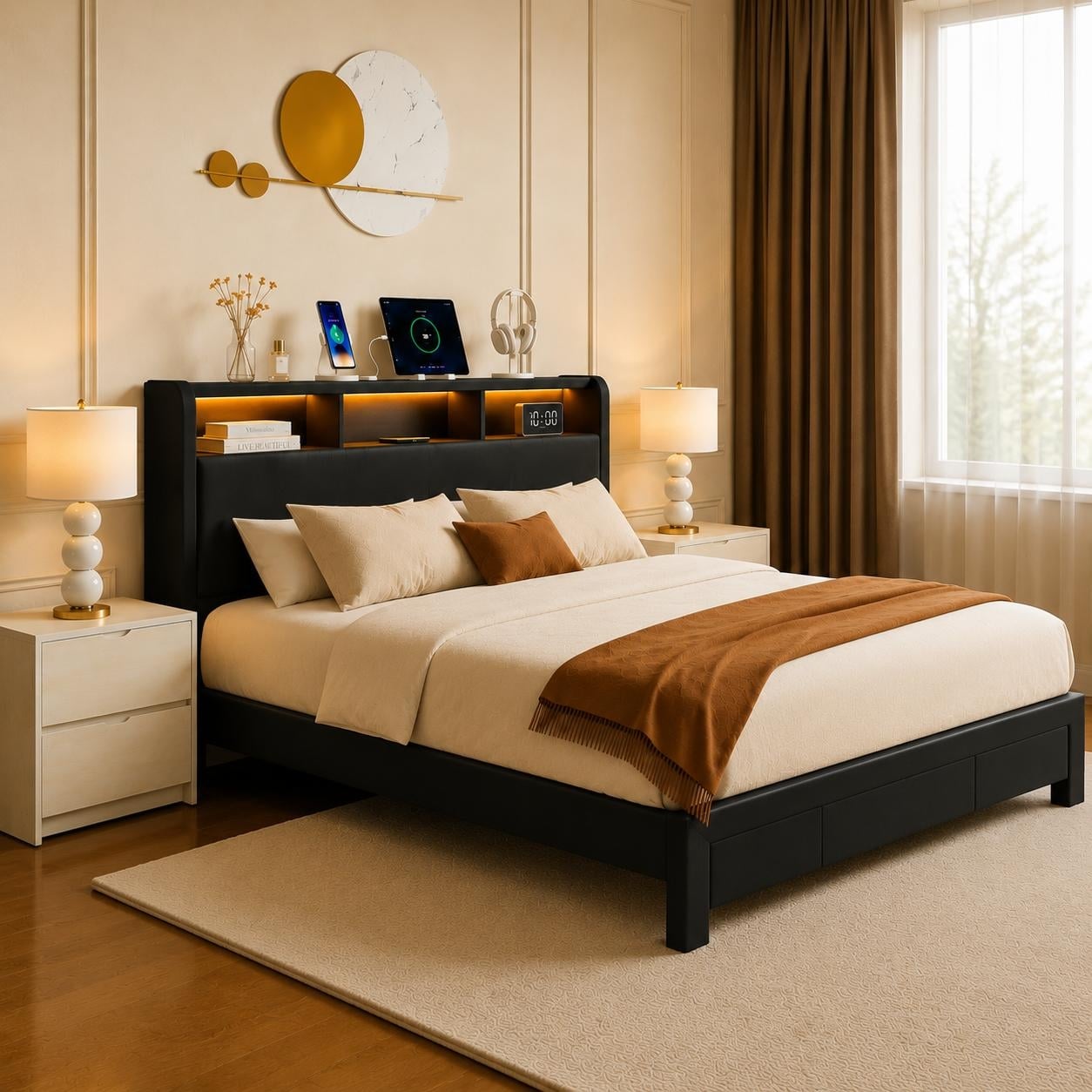 Platform Bed Frame with LED Light & Storage Headboard