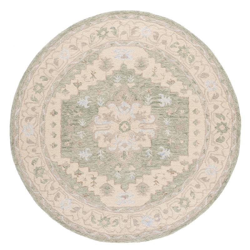 SAFAVIEH Handmade Heritage Neyka Traditional Wool Rug - 6' Round - Light Green/Beige