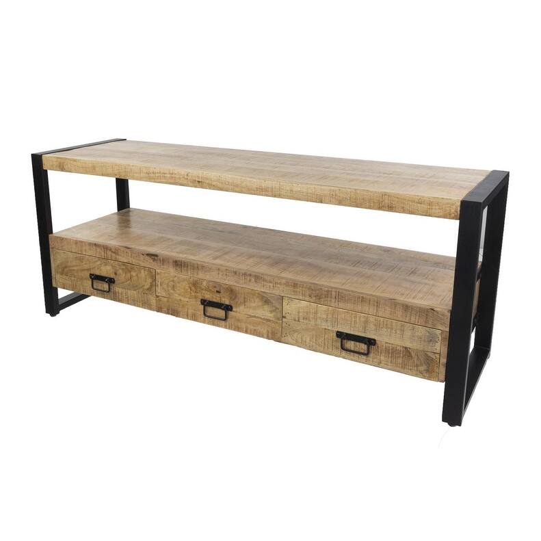 60" Solid Mango Wood Industrial TV Stand with Storage Drawers