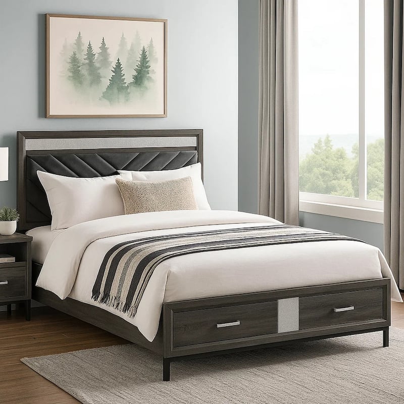 Lito Full Size Bed w Padded Headboard, 2 Footboard Drawers, Gray