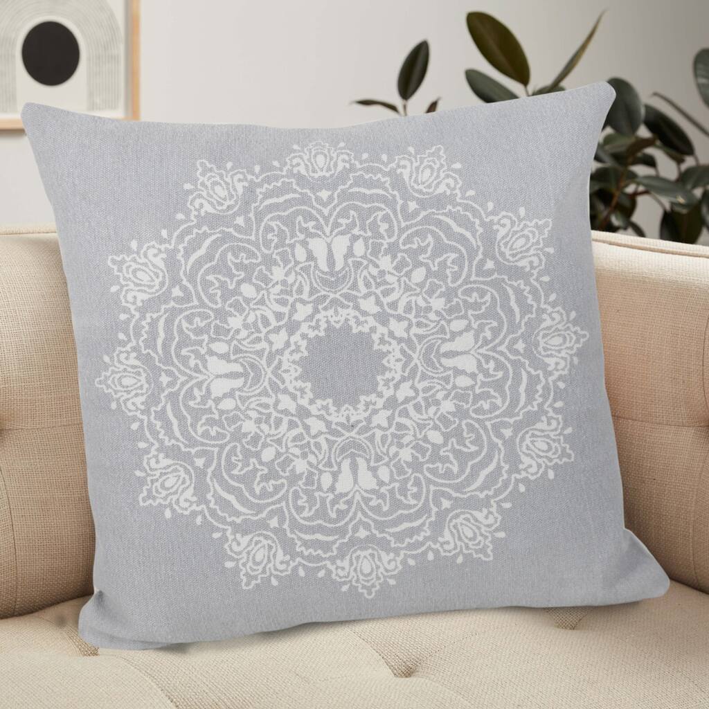 Handwoven Medallion Mandala Square Throw Pillow - 18" - Gray and White
