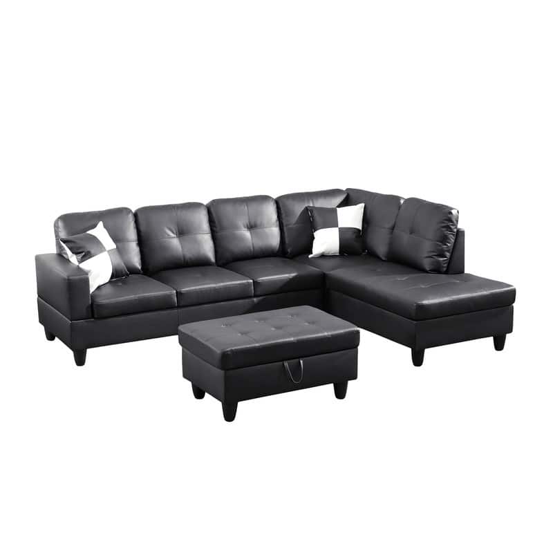 Sleek 3-Piece Black Faux Leather Couch Set, Modern Elegance for Your Living Room