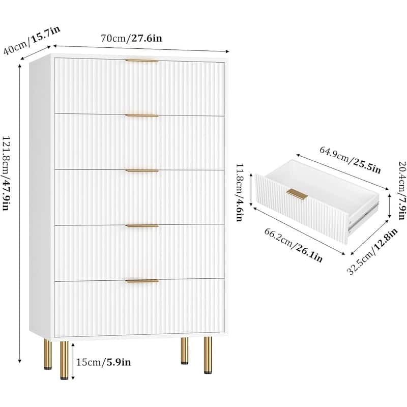 Fluted 5 Drawer Dresser for Bedroom, Wooden Chest with Wide Drawers, Modern Storage Organizer for Closet, Hallway