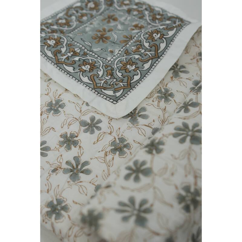 Fabdivine Artisan Handmade 100% Cotton Quilt - Brown Green Floral Block Print, Reversible Bohemian Bedding for Home