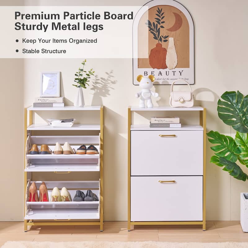 Javlergo Shoe Cabinet with 2 Flip Drawers, Freestanding Shoe Storage Organizer with Metal Legs for Entryway