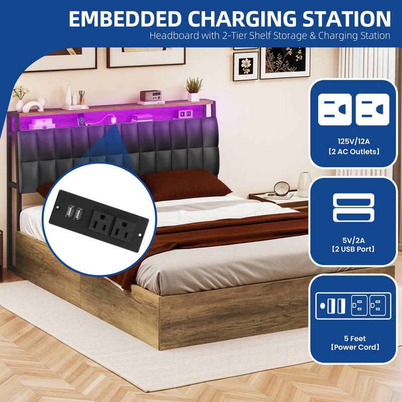 Moasis Lift-Up Storage Bed Frame with Charging Station & Storage Headboard