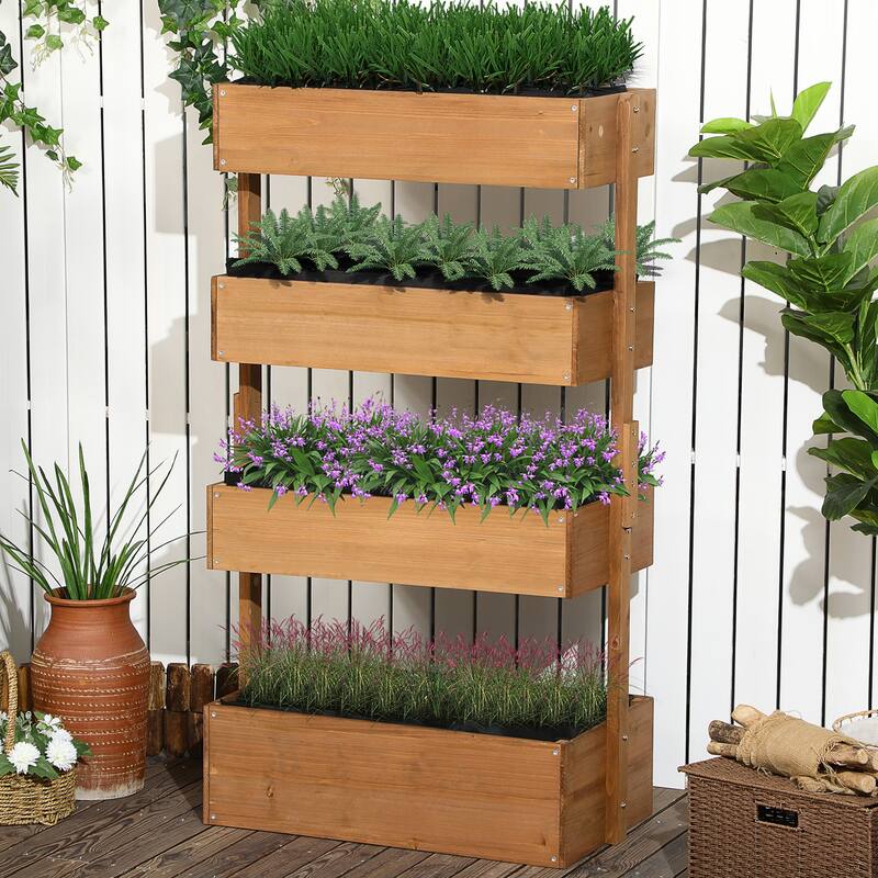 Vertical Garden Planter Wooden 4 Tier Planter Box Village Garden Beds with Non-Woven Fabric and Self-Draining for Outdoor - Orange