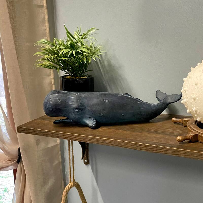 Sperm Whale Statue 15In Hand-Painted Resin Ocean Marine Decor Coastal - 3.5 X 14.5 X 4.5 inches