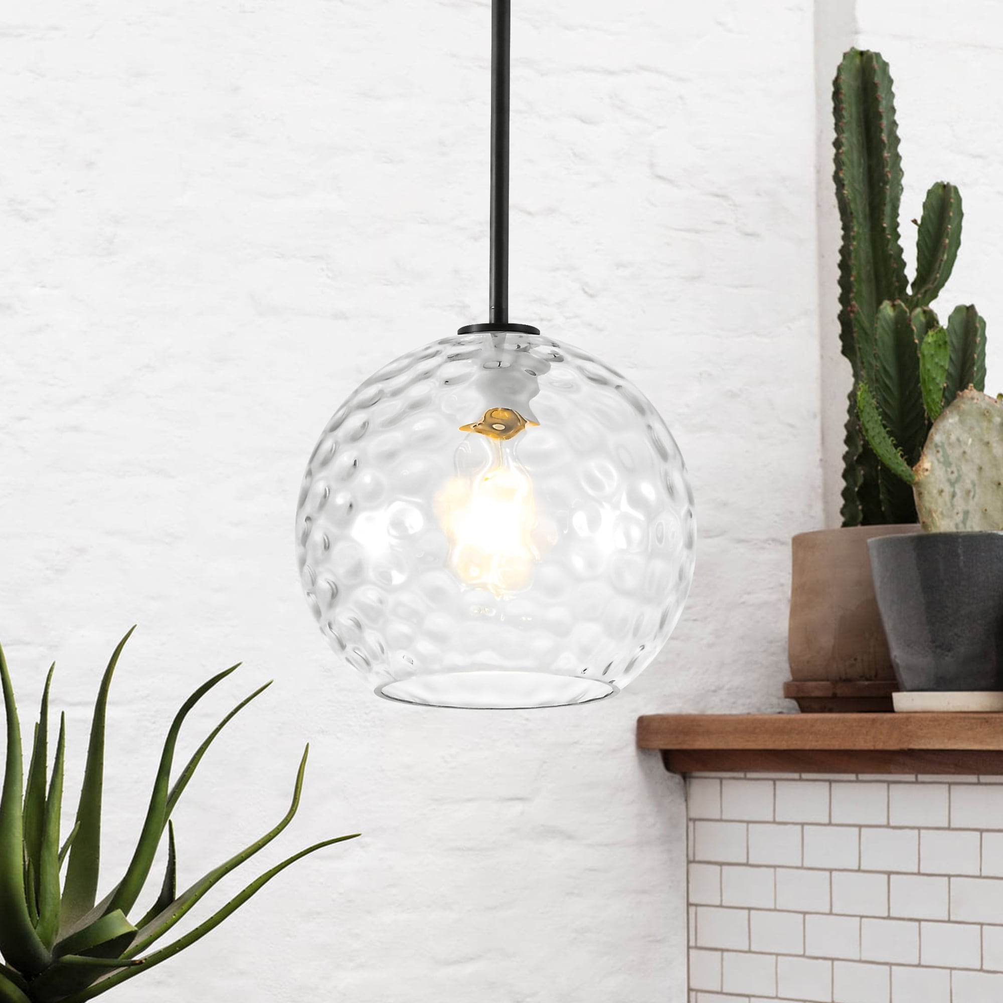 9.8" Modern Gold/Black 1-Light Adjustable Pendant with Hammered Glass Globe Shade for Kitchen Island & Foyer