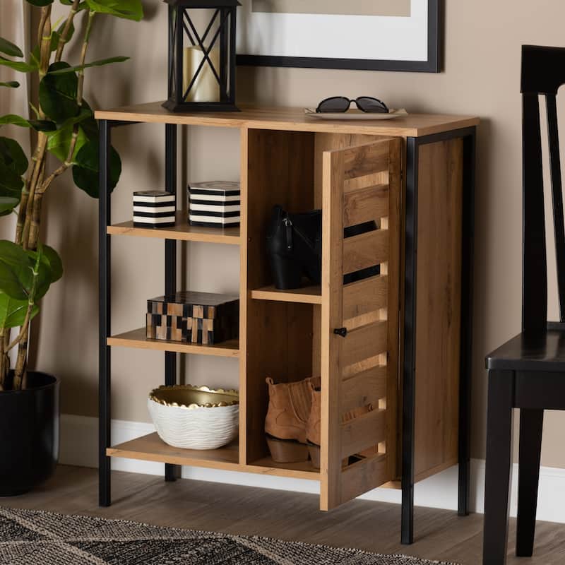 Vander Modern Oak Brown Wood and Black Metal 1-Door Shoe Cabinet