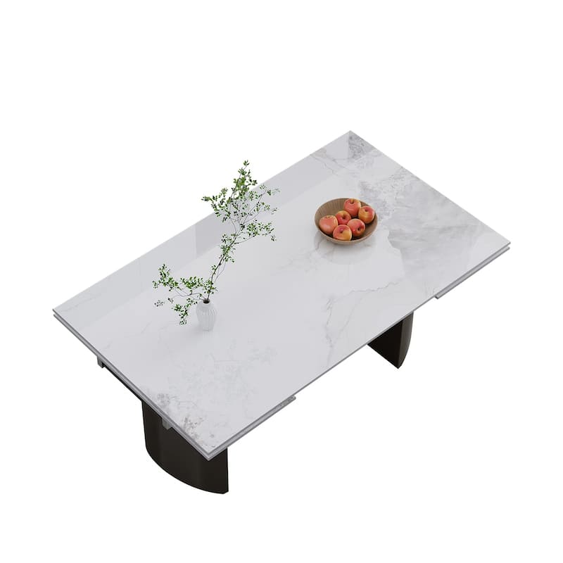 9 - Piece 94.48'' Modern Minimalist Extendable Sintered Stone Top Double Pedestal Dining Set With 8 Fabric Chairs