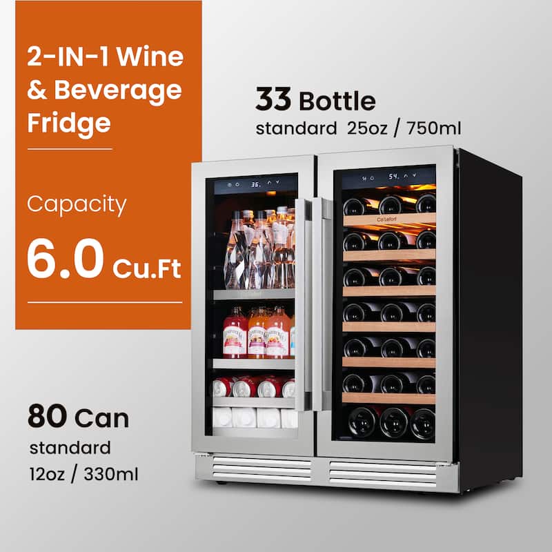 Ca'Lefort 30 in. 33-Bottles and 80 Cans Beverage Wine Cooler Dual Zone Refrigerator Built-in or Freestanding French Door Fridge