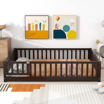 Full Size Floor Bed With Fence And Door,Rubber Wood Floor Bed With Safety Guardrails