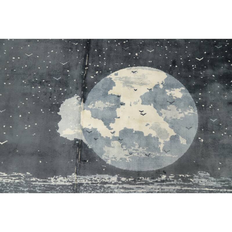 Hand Knotted Oriental Viscose Silk Carpet Modern Pictorial Greys & Charcoal Abstract Area Rug - 7' 8'' X 5' 6''
