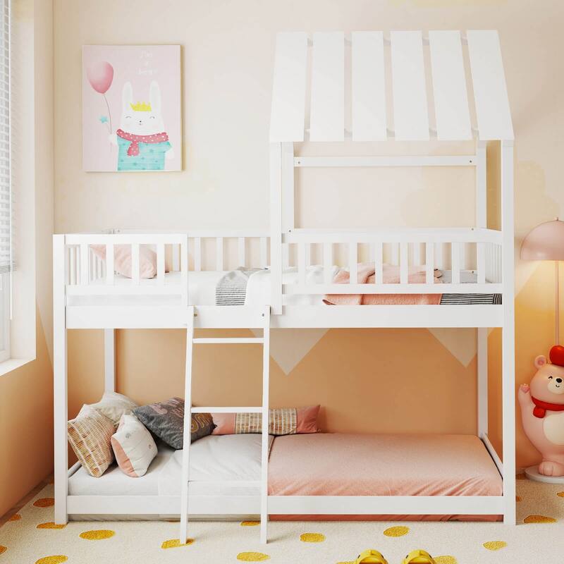 Costway Twin Over Twin House Bunk Bed with Roof, Ladder & Full-length