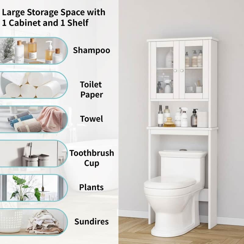 Over The Toilet Storage Cabinet, Glass Door - 8.5"D x 23.6"W x 65.4"H