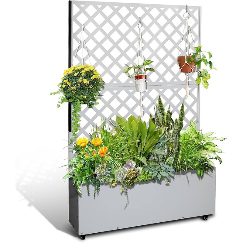 Metal Planter Box with Trellis Privacy Screen - white
 with wheels