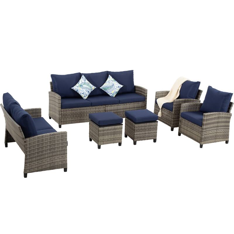 6 PCS Patio Furniture Set, Outdoor Wicker Conversation Sectional Sofa Couch Furniture Sets with Ottomans