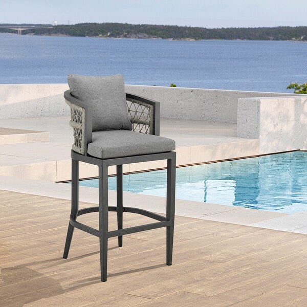 Zella Outdoor Patio Bar Stool in Aluminum with Rope and Cushions
