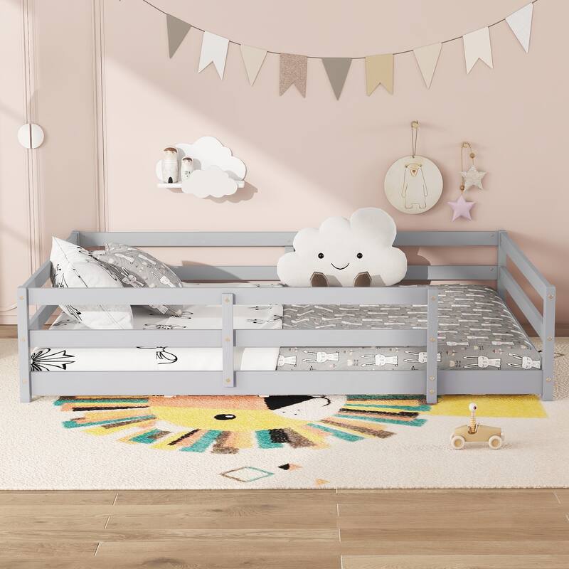 Twin/Full Montessori Floor Bed with Safety Fence - Wood Kids Floor Bed for Boys & Girls