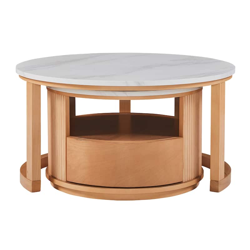 Round Coffee Table Nesting Tables Set of 2, Modern Coffee Tables for Living Room, Faux Marble Storage Cocktail Table with Drawer