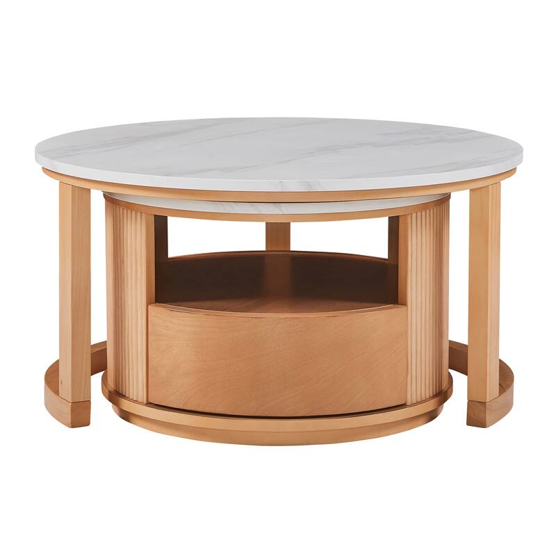 Round Nesting Coffee Table with White Marble Top, 2-Tier storage and 1 drawer, Natural, 28.5"