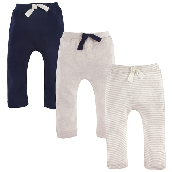 slide 1 of 1, Touched by Nature Baby Boy Organic Cotton Pants 3pk, Oatmeal Navy 0-3 Months - Oatmeal Navy