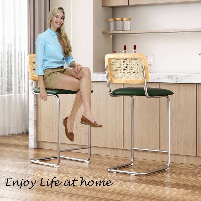 Counter Height Bar Stools Set Of 2, Upholstered Barstools With Rattan Back,30 Inch Stools Armless Bar Chairs