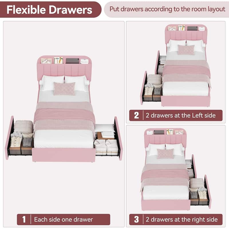 Upholstered Platform Bed with Storage Drawers and Bookcase Headboard, Noise-Free and Easy Assembly
