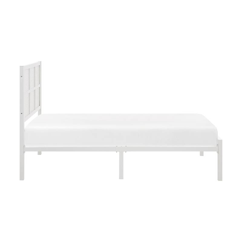 Twin Platform Bed with Faux Cane Headboard, White Metal Frame, No Box Spring Needed, Coastal Style Bedroom Furniture