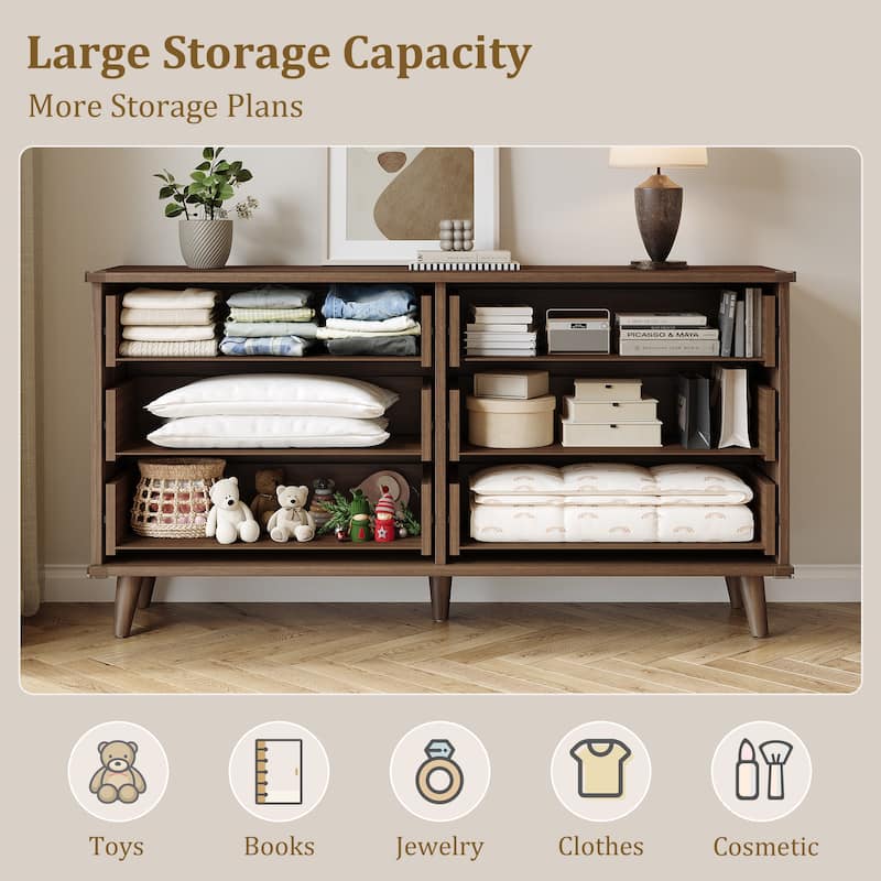 6 Drawer Dresser for Bedroom, 53" Wide Boho Fluted Dresser