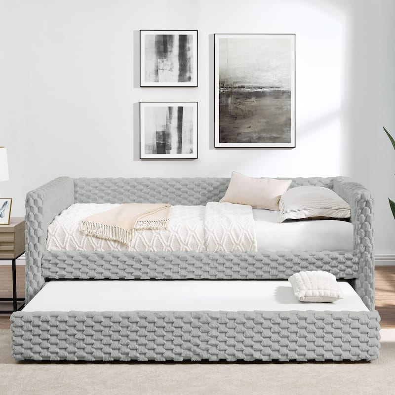 Twin Size Convertible Daybed with Plaid Corduroy Upholstered Sofa Bed Pull-Out Trundle (Space-Saving Design)