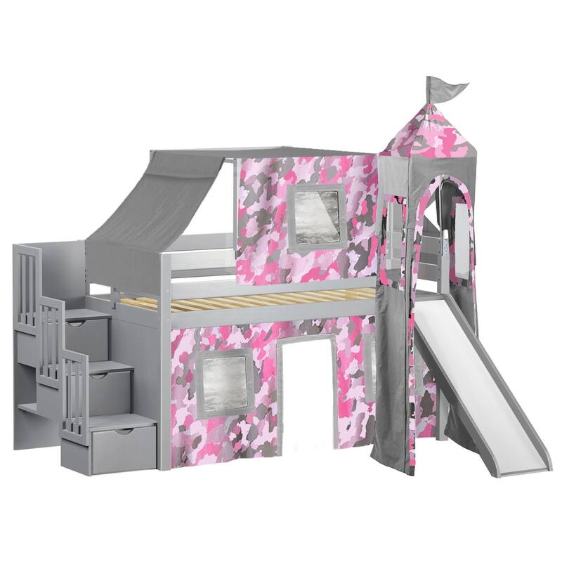JACKPOT Prince & Princess Low Loft Twin Bed, Stairs Slide Tent & Tower