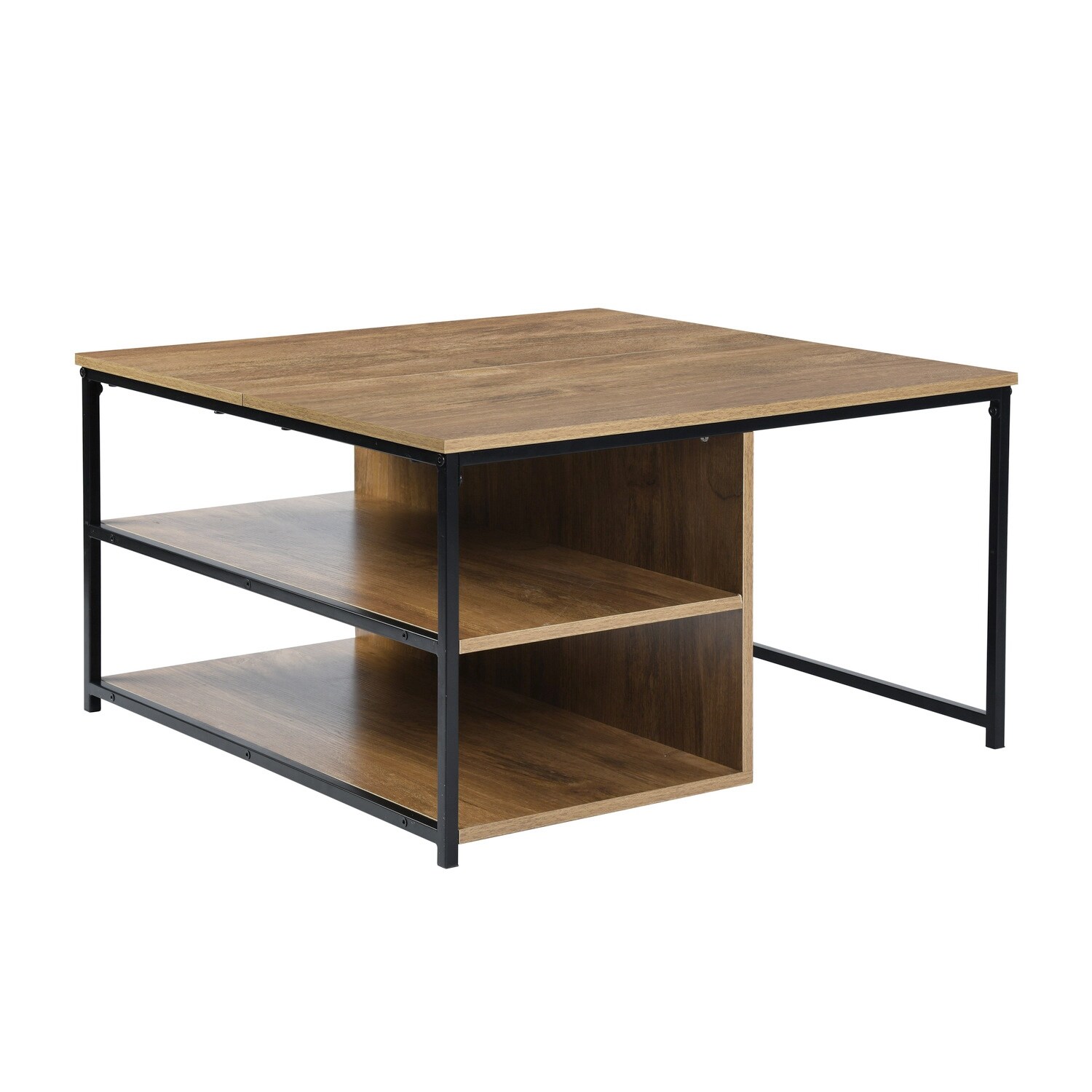 Vintage Square Wood Coffee Table with Shelves, Metal Frame