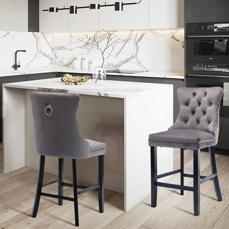 Contemporary Tufted Velvet Upholstered Counter Bar Stools Set of 2