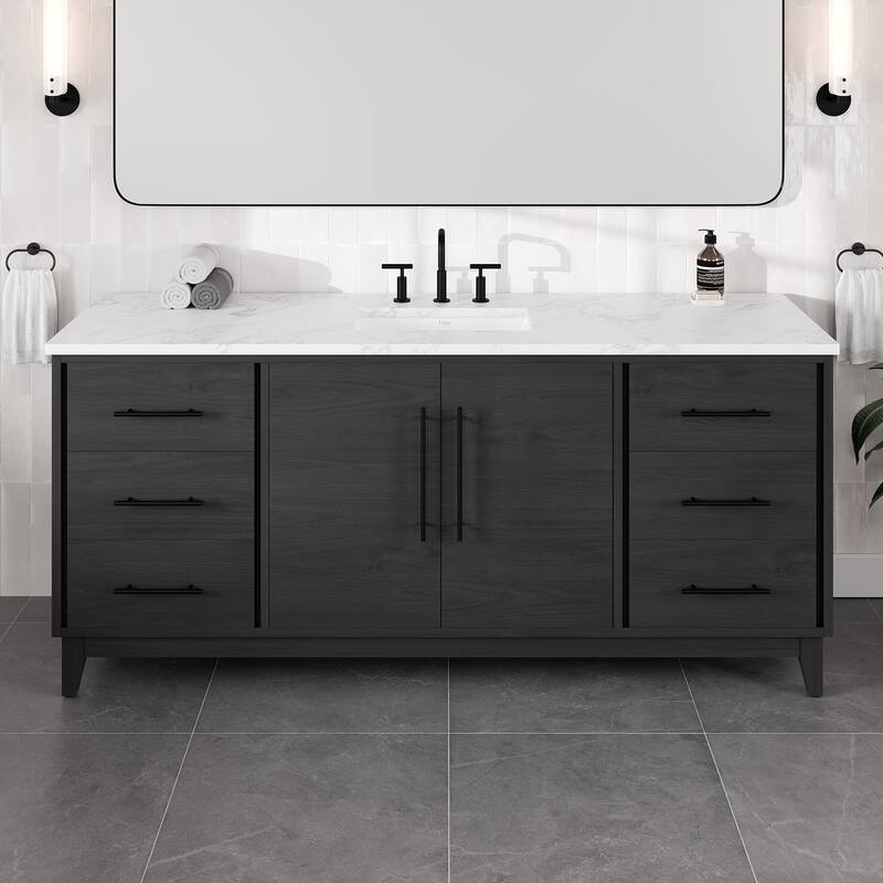 Eviva Graham Single Sink Bath Vanity with White Arabescato Engineered Stone Top - 72" - Blackwood