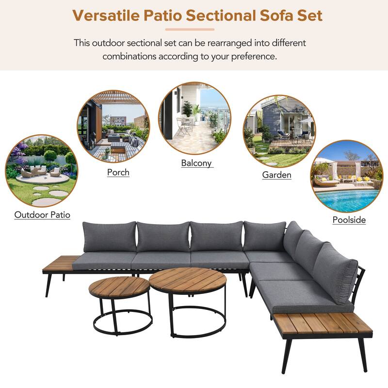 Acacia Wood Outdoor Sectional Sofa Set with Round Nesting Coffee Tables