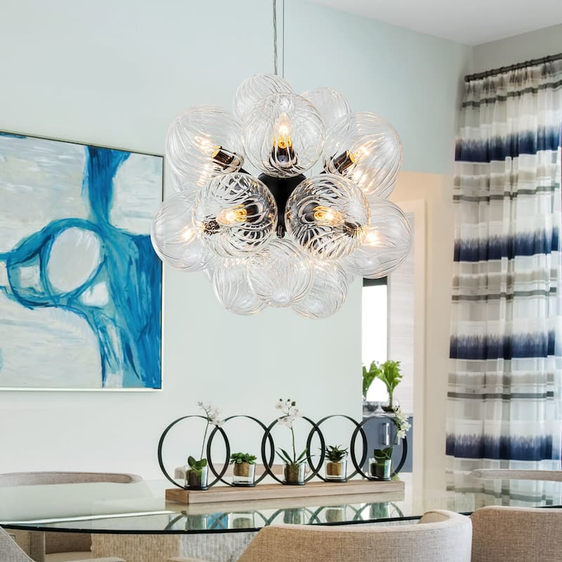 Modern 12-Lights Clear Swirled Ribbed Glass Globe Bubble Chandelier