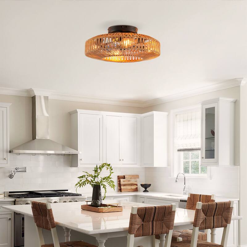 20 inch Flush Mount Ceiling Fan Light with Remote Caged Farmhouse Fandelier Black Wood Low Profile