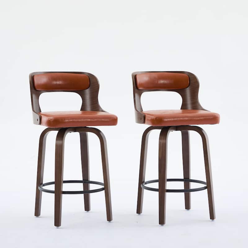 SEYNAR PU Leather 360 Degree Swivel Open Back Bar Stools Wood Legs Set of 2
