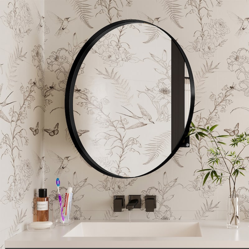 31.5" Round Metal Framed Medicine Cabinet w/ Mirror,Adjustable Shelves - Black