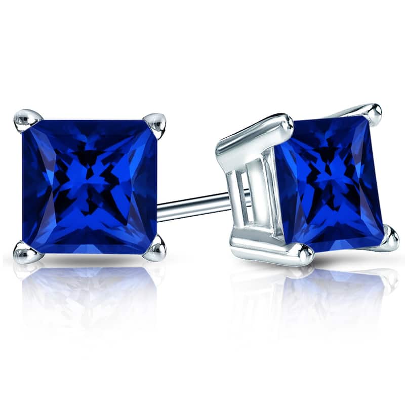Auriya 14k Gold Lab Grown Gemstone Blue Sapphire Stud Earrings Princess 0.25 to 5.00 ct. tw. 4-Prong Basket Push-Back