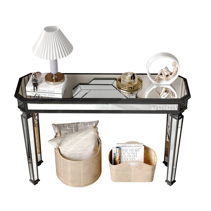 Roomfitters 48" Mirrored Console Table, Carved Wood Entryway Sofa Table with Silver Glass & Black Finish