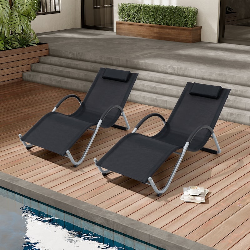 Outdoor Patio Lounger Chaise Lounges Curved Sunbathing Pool Recliner Chair - Black, 2-piece