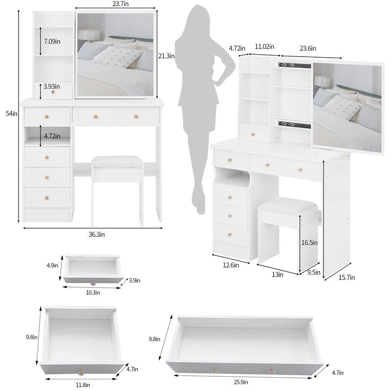 37"L Middle Size Vanity Table with Stool and Sliding Mirror